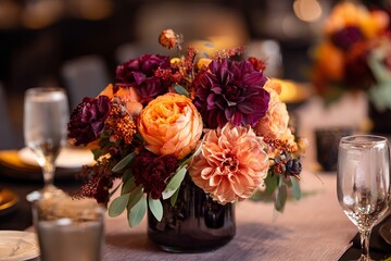 Obraz premium Dark Purple and Orange Floral Arrangement on Table