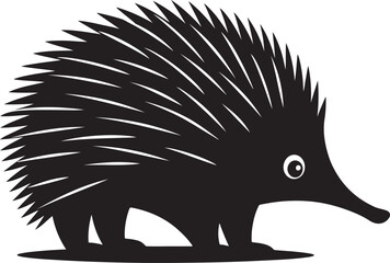 Simplified silhouette illustration of an echidna displaying spikes and long snout in black and white