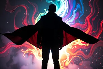 Capture a striking image of a man turning his back towards the viewer, enveloped in a cloak of deep shadows and vibrant light. His silhouette is sharp, standing against a backdrop of abstract swirling