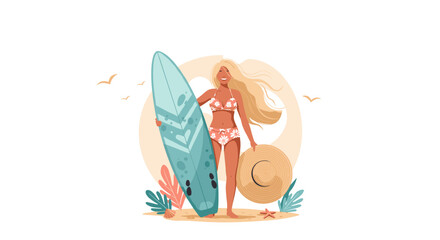 Beach vibes: woman with surfboard and large hat on sunny seashore