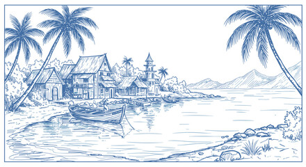 Tranquil coastal village with palm trees and traditional huts in sketch style