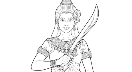 Khmer Warrior Princess with Traditional Blade Coloring Page for Adults Ancient History