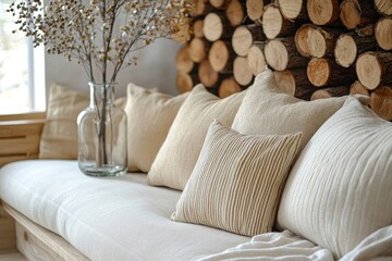 Wood logs placed near a sofa with beige pillows and a glass vase, creating a cozy and natural atmosphere in the Scandinavian home interior design of a modern living room, Generative AI