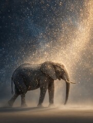 Dreamscape, elephant, stars, golden composition with negative space, masterpiece