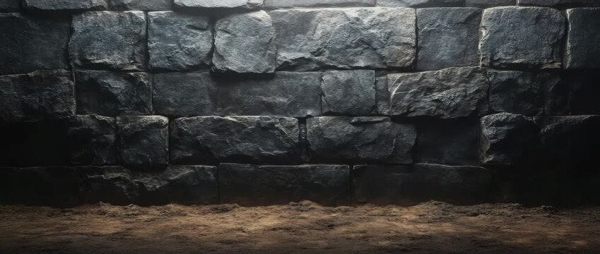 Dark stone wall with rough texture and dirt ground in empty space, creating moody and rustic atmosphere with dark stone wall and rough texture on ground