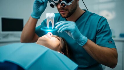 Male dentist using virtual reality glasses to analyze a digital tooth model hovering over a woman patient's face for future dentistry treatment footage. - Powered by Adobe