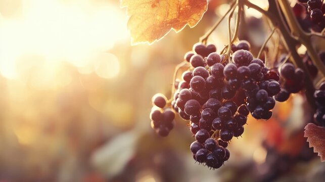 Clusters of dark grapes on a vine in sunlight.