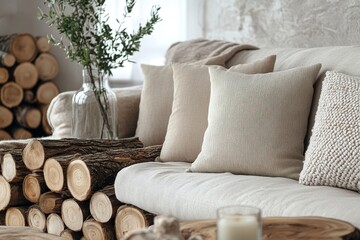 Wood logs placed near a sofa with beige pillows and a glass vase, creating a cozy and natural atmosphere in the Scandinavian home interior design of a modern living room, Generative AI