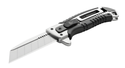 Folding Utility Knife with Black and Silver Handle on Transparent Background