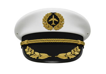 A meticulously rendered pilot's cap, crisp white crown, black band and brim, golden airplane emblem, laurel leaves. Isolated, studio-lit on a transparent background with copy space, professional