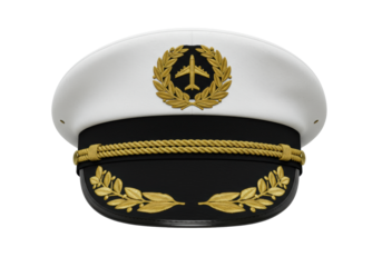 A meticulously rendered pilot's cap, crisp white crown, black band and brim, golden airplane emblem, laurel leaves. Isolated, studio-lit on a transparent background with copy space, professional