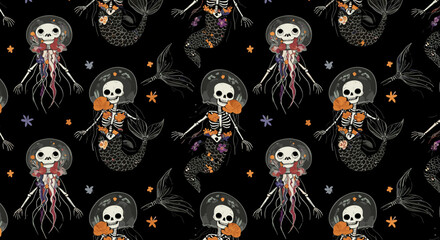 Seamless pattern of skeleton mermaids with flowers and jellyfish on black background