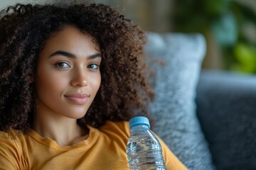 Woman at home experiencing menstrual cramps, using a water bottle to alleviate pain, addressing conditions such as endometriosis and promoting awareness of womens health, Generative AI