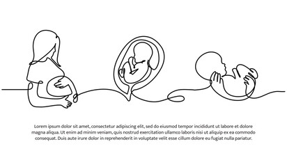 Continuous line design of a mother gives birth to a baby. Single line decorative element drawn on white.