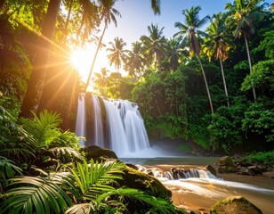 Lush waterfall cascading through tropical forest at sunrise