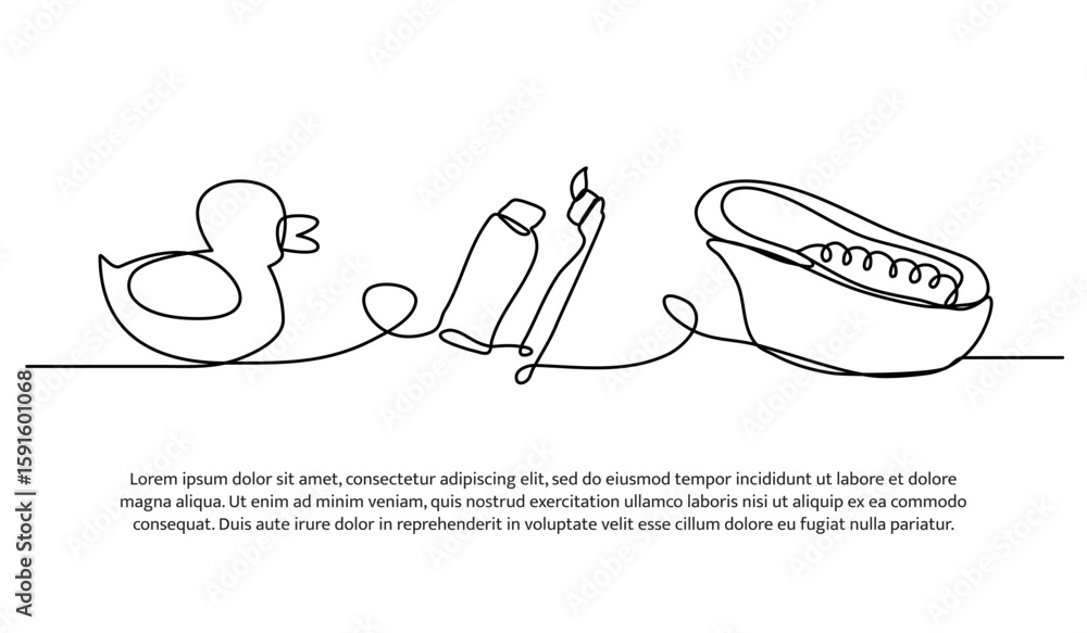 Poster continuous line design of duck toys and bath equipment. single line decorative element drawn on whit