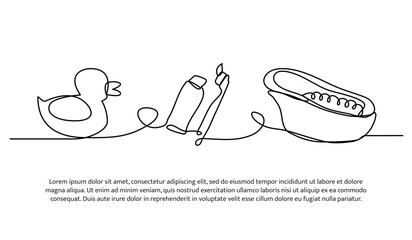 Continuous line design of duck toys and bath equipment. Single line decorative element drawn on white.