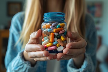 Woman holding expired pills, ready to recycle them, encouraging responsible disposal and promoting environmental sustainability, Generative AI