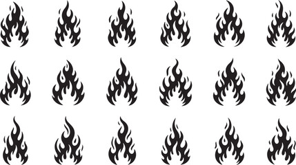 Vector art of a collection of stylized flame icons in various forms