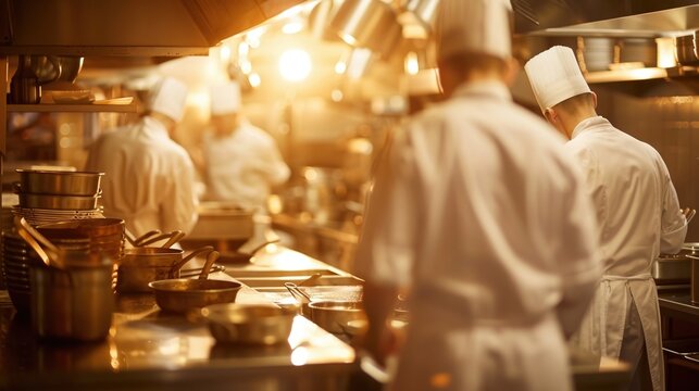 Busy professional kitchen with chefs working on food plating and presentation
