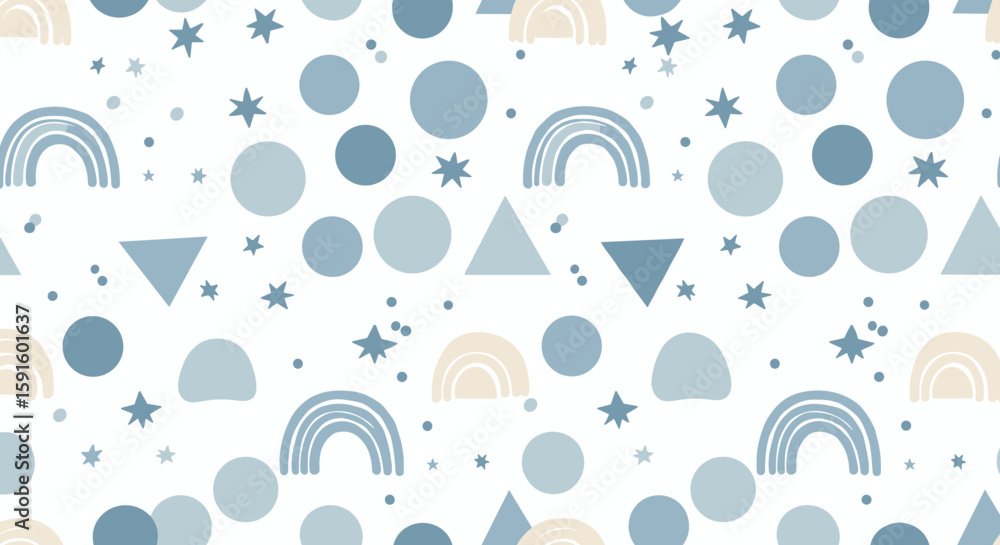 Poster geometric pattern with pastel shapes and rainbows in minimalistic style