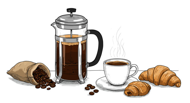 French press coffee with croissant and beans - realistic sketch style