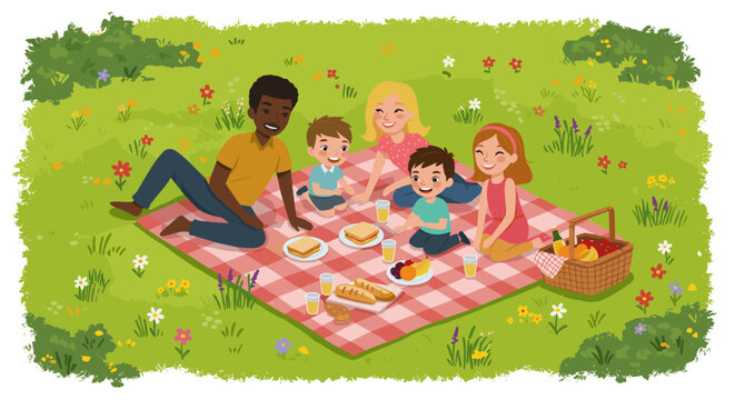 Happy family enjoying a summer picnic on a sunny day in the park - Powered by Adobe