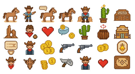 Obraz premium Pixel art wild west set featuring cowboys, horses, cacti, and iconic western elements