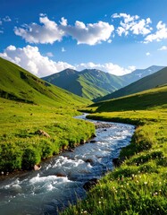 Mountain river valley in summer sunlight