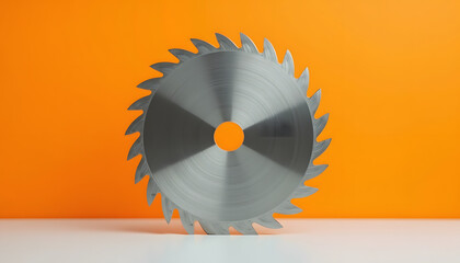 A circular saw blade with sharp teeth stands upright on a white surface against a vibrant orange background.