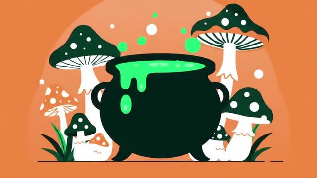 Cauldron with green potion and mushrooms on orange background