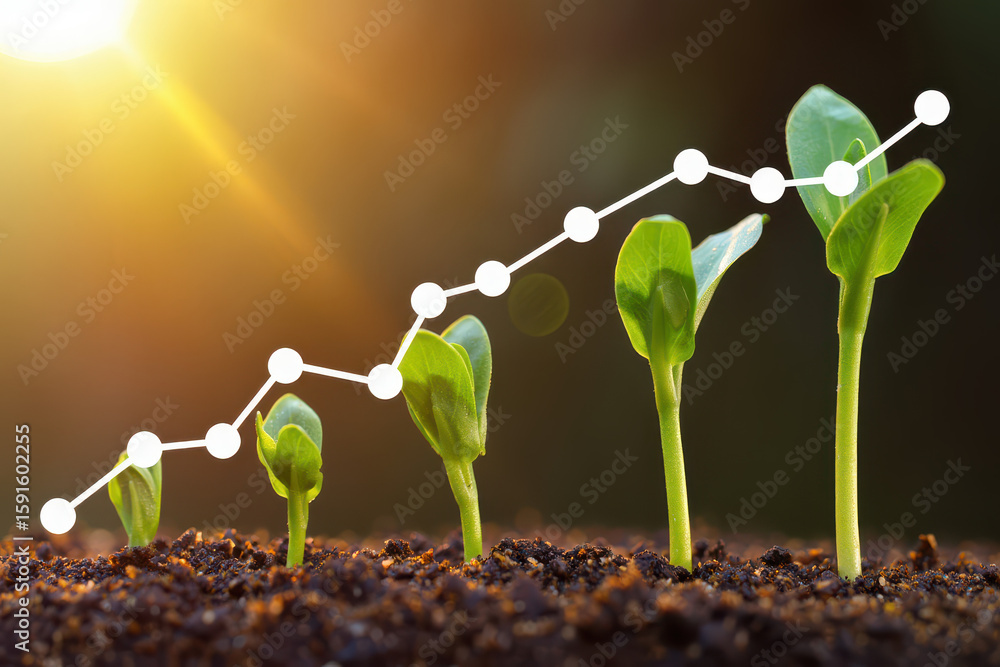 Aufkleber seedlings in soil with an upward trending line graph overlayed representing growth and progress