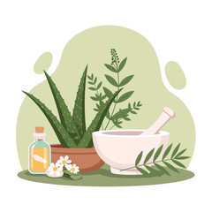 Herbal medicine setup with aloe vera, mortar and pestle, and essential oil on a soft green background