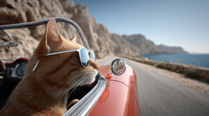 Cool cat wearing sunglasses enjoys scenic coastal drive in red convertible, exuding confidence and adventure on sunny day