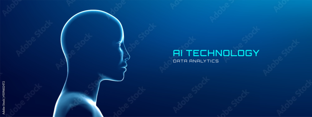 Poster ai avatar head digital face 3d with robot human. futuristic blue neon scan effect for recognition te