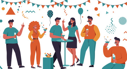 Colorful party celebration with people enjoying drinks and festive decorations