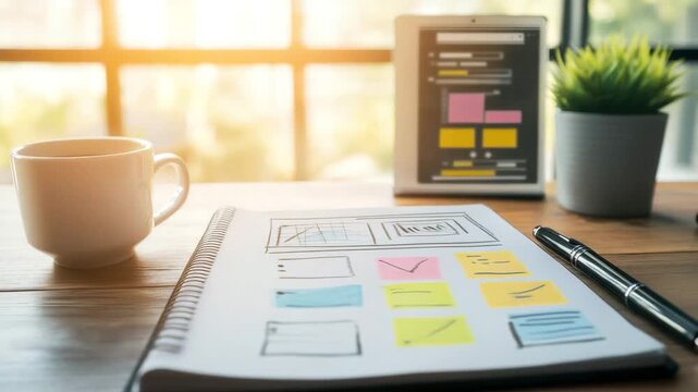 Notebook pen coffee cup plant tablet workspace planning sticky note desk sunlight productivity organization morning light creativity brainstorming business writing table sketch layout design office