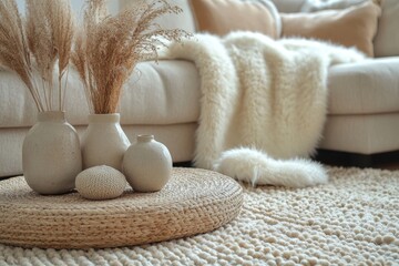 Close-up of a round coffee table with decorative vases near a beige sofa with a fur blanket, creating a warm and inviting Scandinavian home interior design for a modern living room, Generative AI
