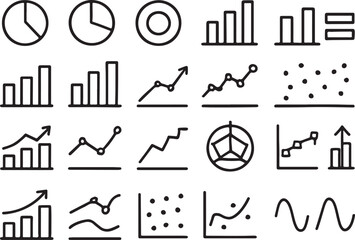 Collection of 24 black and white hand drawn data visualization icons