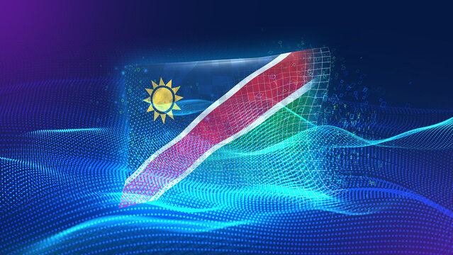 Namibia A futuristic digital background merging with a national flag symbol, representing the concept of technology, innovation, and digital transformation while preserving cultural identity. - Powered by Adobe