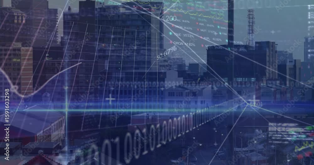 Poster binary code fading in over skyline sweeping scan revealing market trend graph with ticker labels