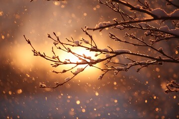 Golden Winter Sunset Snow Falling on Branches