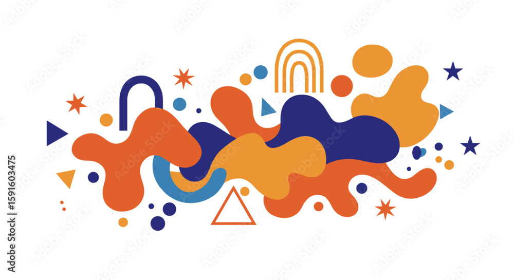Poster colorful abstract geometric shapes with fluid curves and patterns