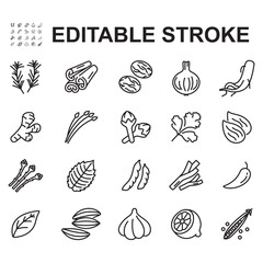 Collection of spices and herbs icons. Contains icons such as ginseng, mint leaves, tamarind, and many more.
