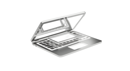 Open Laptop Silver Computer Device with Reflection on Transparent Background