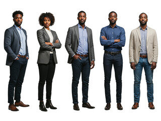 Obraz premium Five diverse business professionals standing confidently together as a team isolated on transparent background