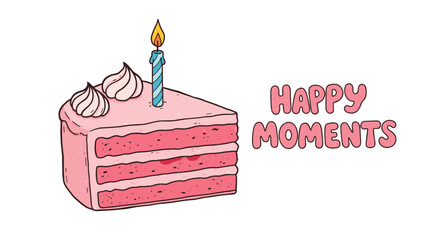 Pink layer cake slice with candle and whipped cream topping for celebratory moments