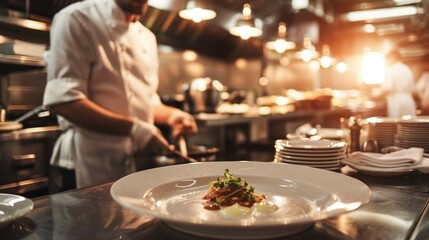 Busy professional kitchen with chefs working on food plating and presentation