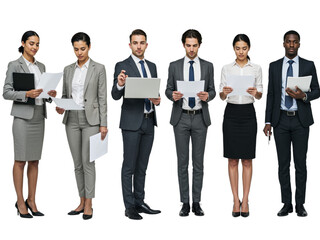 Fototapeta premium Diverse group of six business professionals standing together holding documents and looking forward isolated on transparent background