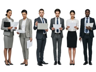 Diverse group of six business professionals standing together holding documents and looking forward isolated on transparent background